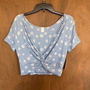 So crop top L XL jrs blue check w daisy print reversible twist w stretch boho